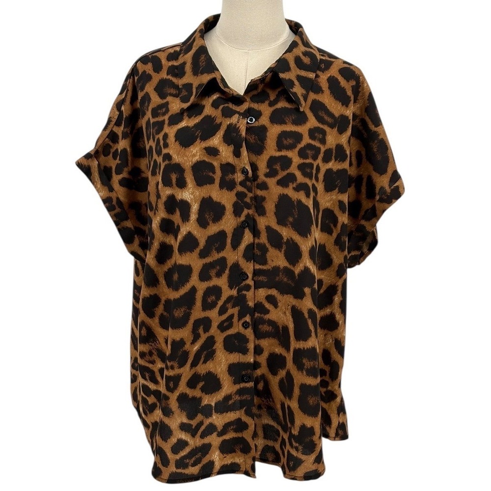 SHEIN CURVE Leopard Print Button Down‎ Shirt Women 1XL Brown Black Short Sleeve